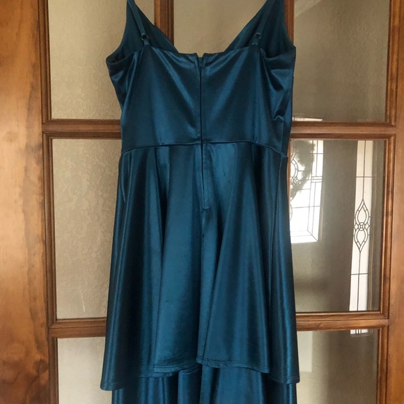 Satin teal dress with draped v-neck - Picture 2 of 2
